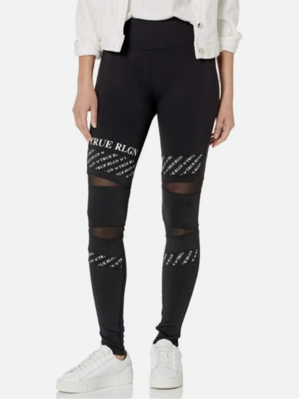 True Religion Womens Sz S Monogram Logo Mesh Panel Workout Leggings Black